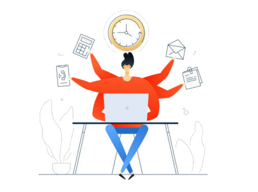 Illustration showing participant sitting at desk juggling a variety of different and disjointed technologies looking very stressed
