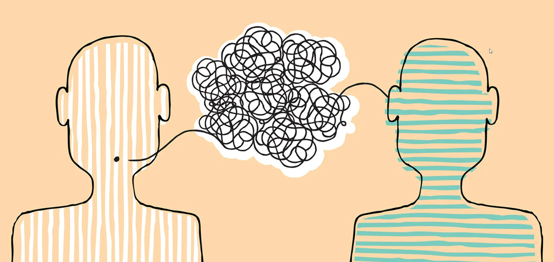 Drawing of two talking heads with a scrambled thoughts in the middle to depict a language barrier