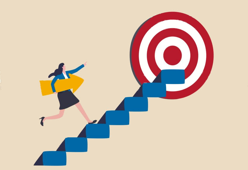 Illustration of woman running upstairs toward target in show of reaching goals